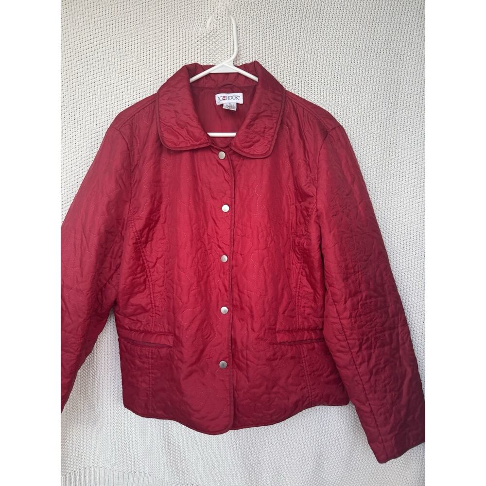 JG Hook Women’s Red Quilted Jacket Coat Floral Stitch Snap Front Size XL